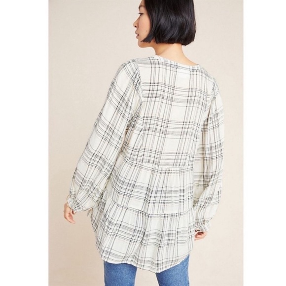 Anthro Darlene Metallic Floral Plaid Peasant Split Neck Linen Blend Tunic NWOT - Picture 10 of 14